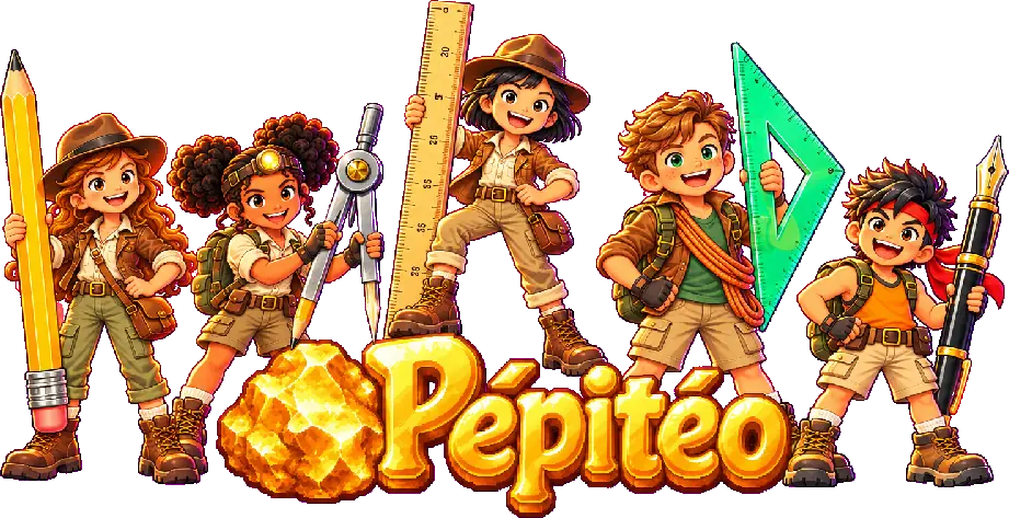 Cinq élèves aventuriers souriants autour du logo Pépitéo en or, chacun avec un outil d’écolier géant : crayon, compas, règle, équerre et stylo plume.